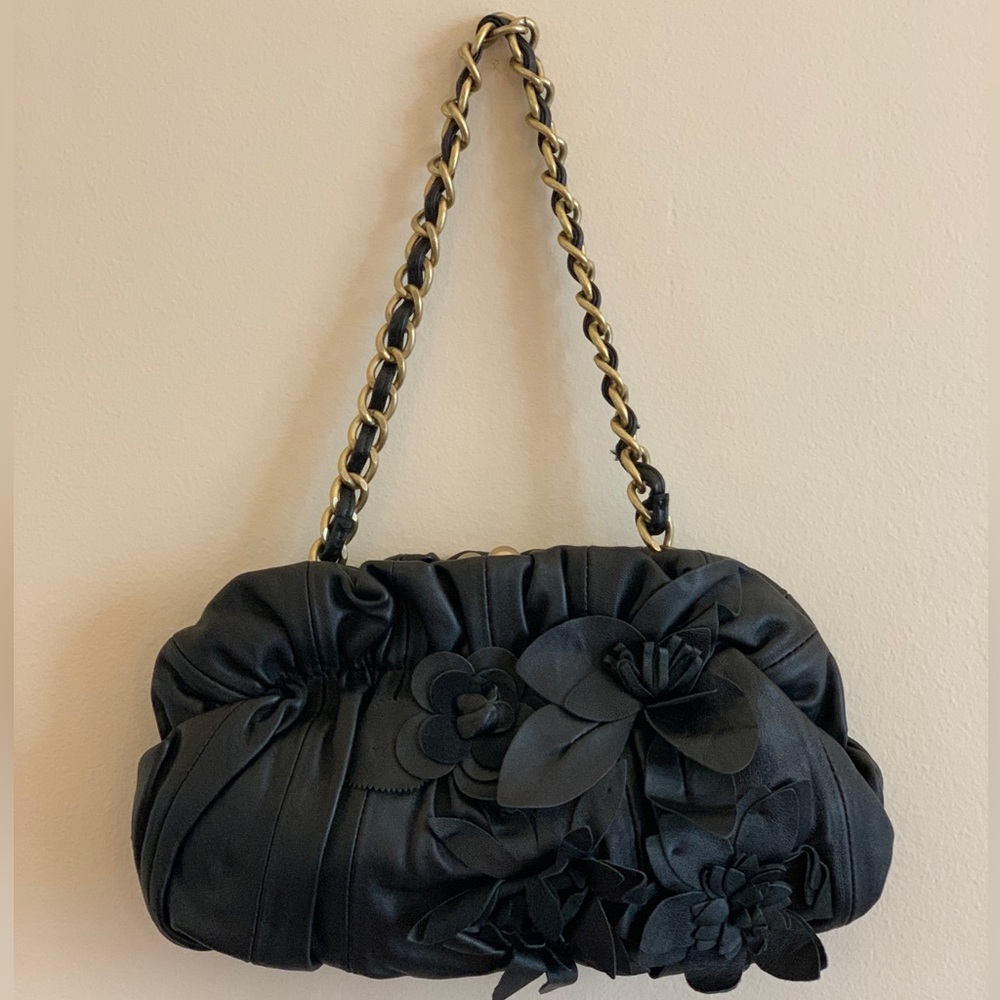 Adrienne Vittadini Black Leather Bag Purse with Leather Flowers - Picture 2 of 11